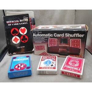 Vintage Playing Card & Acc Lot: Book, Shuffler, Pinochle, Euchre, & Jumbo Card